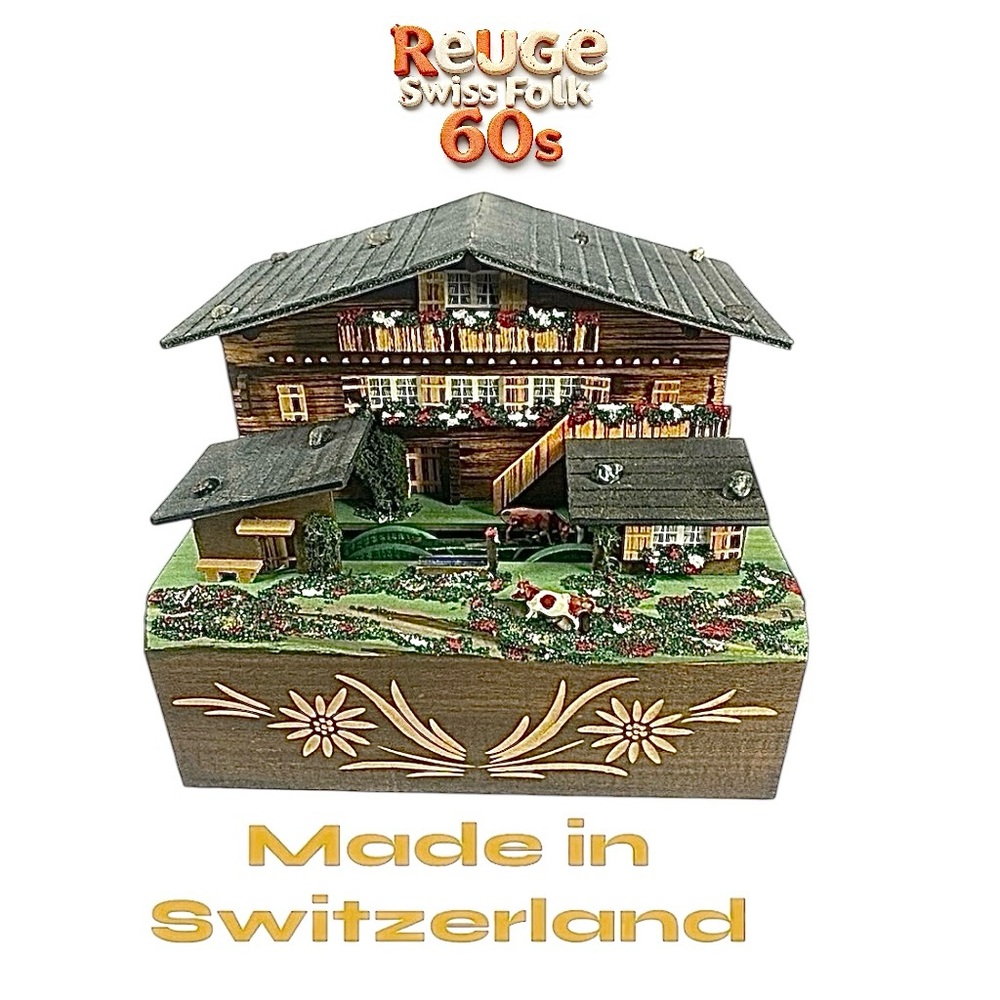 Reuge Swiss Folk Art Music Box Jewelry House Vintage 1960s Farm Scene Rare